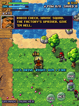 The jeep in the jungle by a river, the Colonel on the radio, touch controls on the screen.