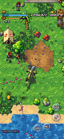 The chopper firing rockets over the jungle, the touch controls along the bottom of the screen.